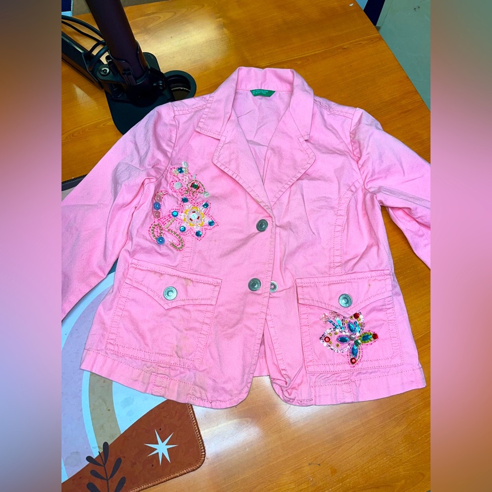 United Colors of Benetton Girls Pink Beaded Denim Jacket – Size 8 (M) Butterfly